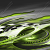 Shear, a racing-themed vehicle wrap design, combines the raw energy of speed with a rugged, torn aesthetic. The design prominently features a racing flag motif, its signature black-and-white checkered pattern distorted by dynamic rips and tears that streak across the surface. These torn elements reveal vibrant fractal images beneath, pulsating with color and complexity to create a sense of motion and intensity. The fractals twist and spiral in fiery colors, and sharp metallic tones, adding depth and visual drama.