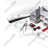 Remodeling is a visually striking and professional image crafted specifically for large-scale printing and vehicle wraps, tailored for the construction and remodeling industries. This high-resolution graphic features rolled and flattened blueprint papers spread out as the foundation of the design, layered with crisp technical drawings that immediately convey precision and planning. At the center, a detailed 3D model of a two-story house stands proudly atop the blueprints, symbolizing vision turned reality. home, homes, construction, builders, building, blueprints, schematics, architecture, structural, framework.