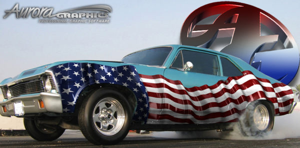 American Flag High Gloss waving furling flapping shiny Patriotic glossy image. Chevy Nova, race car, racecar.