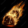 Burning Dice captures a pair of tumbling dice blasting through a field of intense flame. The cubes feel suspended mid-roll, one tilted toward the viewer and the other streaking up and back, leaving a trail of curling, wind-swept fire.