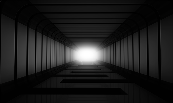 Tunnel Vision is a striking abstract image that draws the viewer into a deep, symmetrical corridor of light and shadow. The composition features a sleek, futuristic tunnel stretching toward a radiant white glow at the vanishing point, creating a sense of motion and focus. With its clean lines, mirrored reflections, and structured framework, Tunnel Vision evokes themes of perspective, depth, and direction. This visually dynamic piece makes excellent use of contrast, using gradients of black and gray to emphasize the central burst of illumination. High Resolution Design Graphics Image.