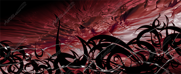 Razor is an intense and edgy abstract design featuring a dynamic metallic-like liquid background that shimmers with depth and movement. Bold tribal spikes swirl and extend upward, creating a fierce and aggressive visual impact. These sharp, flowing elements give the image a sense of power and speed, making it an excellent choice for custom vehicle wraps. Adding to its striking design, barbed wire weaves throughout the lower portion of the image Stormy, clouds, wire, metallic. High Resolution Design Graphics Image.