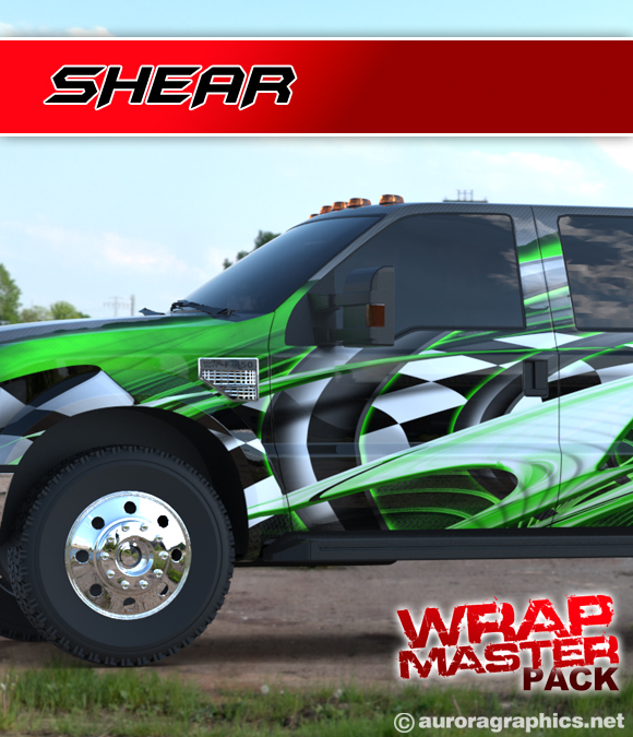 Shear, a racing-themed vehicle wrap design, combines the raw energy of speed with a rugged, torn aesthetic. The design prominently features a racing flag motif, its signature black-and-white checkered pattern distorted by dynamic rips and tears that streak across the surface. These torn elements reveal vibrant fractal images beneath, pulsating with color and complexity to create a sense of motion and intensity. The fractals twist and spiral in fiery colors, and sharp metallic tones, adding depth and visual drama.