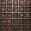 Steampunk Flourish 2 is a richly detailed texture and fills image that embodies the intricate, mechanical elegance of a bygone era. This design features a repeating grid of aged, metallic medallions framed by forged steel straps, hex-head rivets, and flowing wrought iron-style flourishes. The background consists of weathered copper and bronze tones with natural patina and oxidation, providing a worn, industrial vibe that complements any steampunk-themed design.