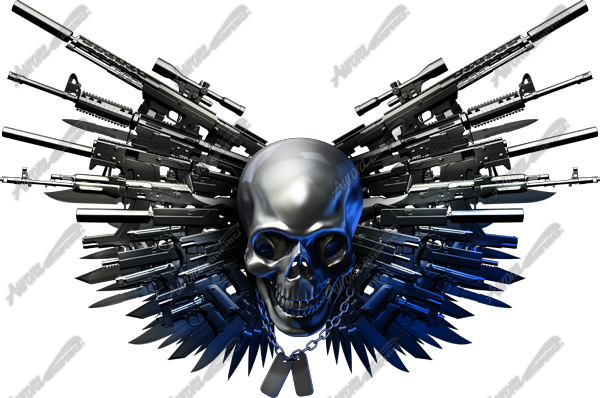 Gun Wings is a Skull with metal wings made from an array of guns and knives from the movie R.E.D. Retired and Extremely Dangerous