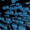 Capsulate is a futuristic abstract image built around a three-dimensional array of glowing blue capsule-like forms. These smooth, pill-shaped objects appear to float and accelerate in organized motion, creating a sense of perspective and depth that leads the eye into the scene. With its sleek and reflective surfaces, the design projects a high-tech, sci-fi atmosphere — like a visual representation of data packets racing through a digital corridor or microscopic nanotech in action.