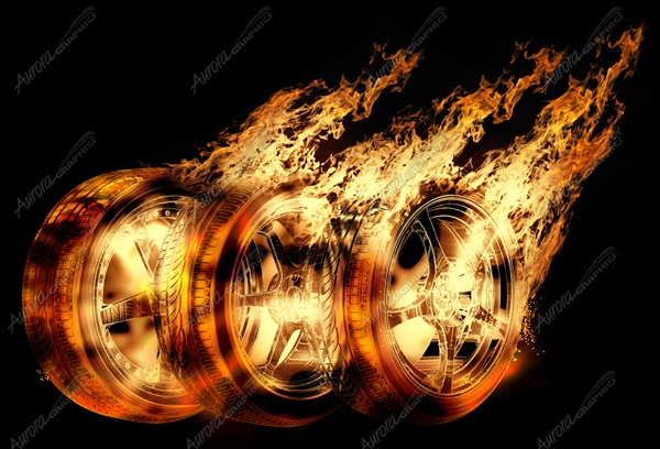 Burning Rims and Tires Vehicle Wrap Design — Large Scale Artwork for Wide Format Printing | Categories: PIK6 Everyday, Flames
