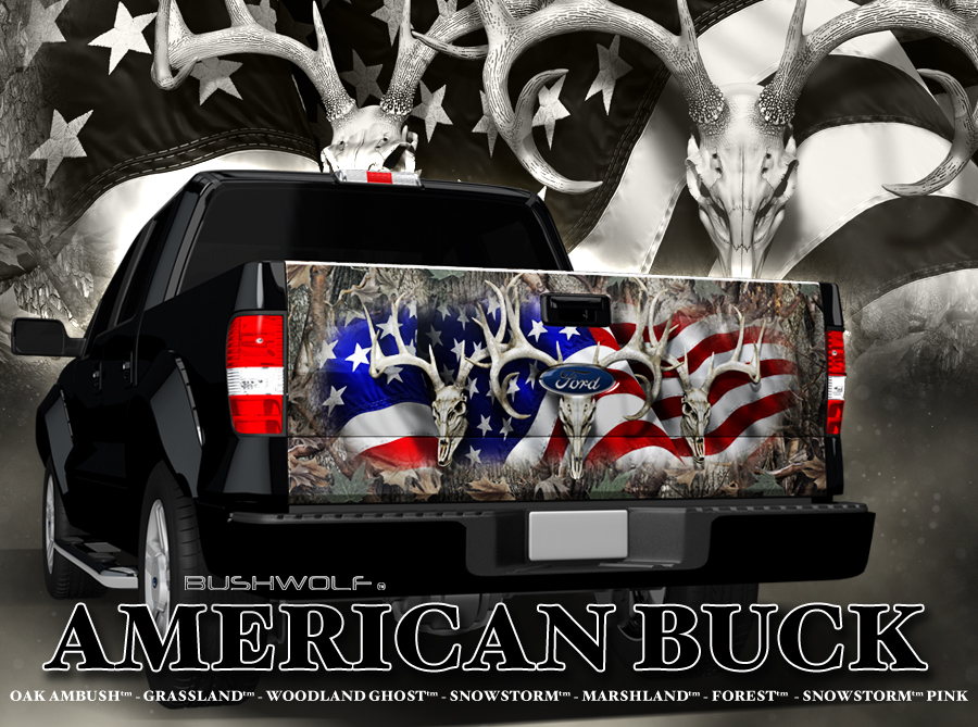 American Buck Full Size Tailgate Graphic wrap Bushwolf Camo Camouflage Patriotic American Flag Deer Skulls cutcontour graphics