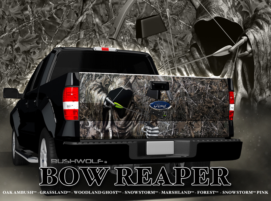 The Bow Reaper Full Size Tailgate Graphic fits most compact trucks and SUV tailgates. Just open and output for fast production and high quality printing! The Bow Reaper is cloaked in camouflage with antlers hanging over his shoulder