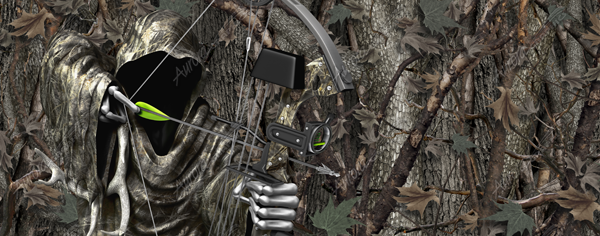 The Bow Reaper Full Size Tailgate Graphic fits most compact trucks and SUV tailgates. Just open and output for fast production and high quality printing! The Bow Reaper is cloaked in camouflage with antlers hanging over his shoulder