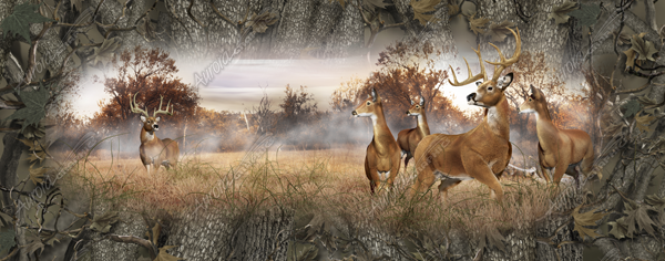 Buck Full Size Tailgate Graphic fits most Full Size trucks and SUV tailgates.This image features a morning herd of whitetail deer alerted at the presence of a rival buck. This tailgate graphic is provided in one of 7 Bushwolf Camo patterns