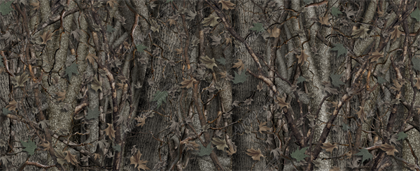 Bushwolf Ambush Camo pattern is a sophisticated camouflage design featuring an intricate blend of leaves, trees, and sticks.