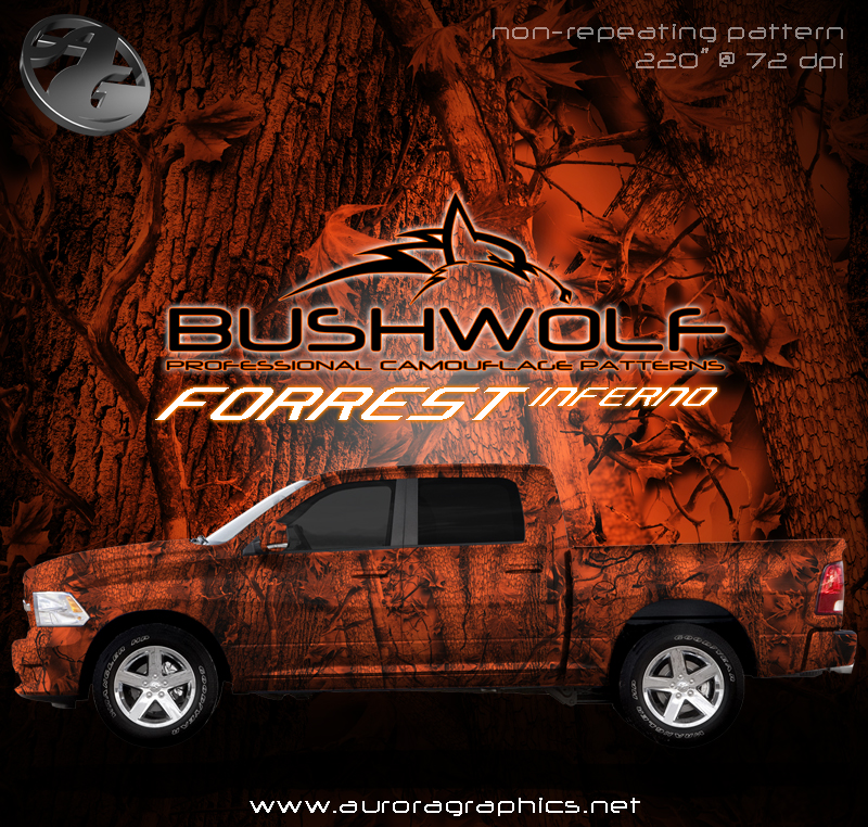 Bushwolf Forest Inferno Camo Aurora Graphics makes the largest and highest resolution camouflage, camo patterns on the planet under the Bushwolf obliteration trademark. In direct competition with and Superior to companies like Kryptek, Realtree, Mossyoak, real, tree, mossy, oak. We offer many different designs such as lifestyle patterns, tactical patterns, hunting patterns, field patterns. Great for hunting any type of game such as pheasant, deer, turkey, quail, buck, Whitetail, elk, Caribou, moose, Pronghorn sheep, antelope. Hunting, Forest, Fire, Sport and Outdoor.