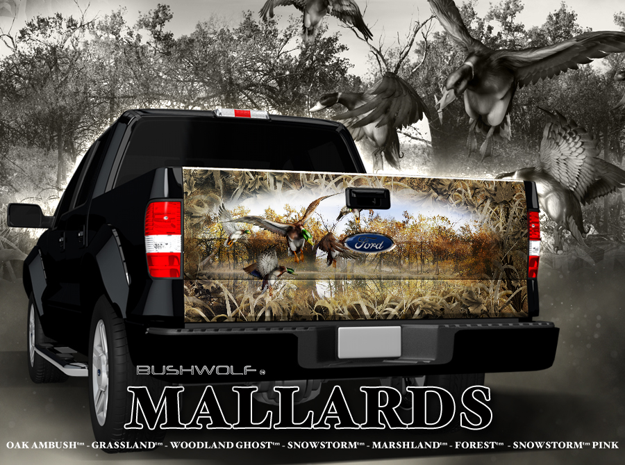 The Mallards Full Size Tailgate Graphic fits most Full size trucks and SUV tailgates. This image features a quiet morning over a remote country pond as 5 mallards come in to land. One of the mallards is just touching down into the glassy water.