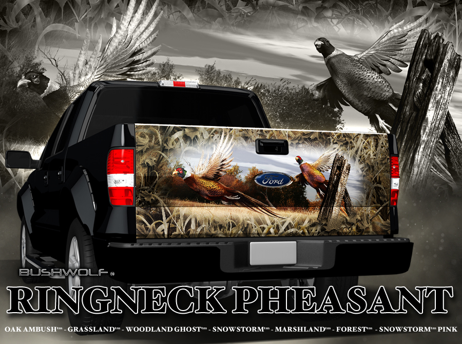 Ringneck Pheasant Full Size Tailgate Graphic fits most full size trucks and SUV tailgates. This image features an early autumn day and 2 pheasants getting flushed out of cover near an old fence post.