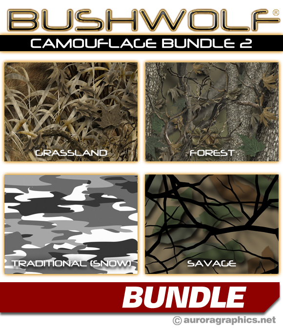 Bushwolf Camo Bundle 2 Aurora Graphics makes the largest and highest resolution camouflage, camo patterns on the planet under the Bushwolf obliteration trademark. In direct competition with and Superior to companies like Kryptek, Realtree, Mossyoak, real, tree, mossy, oak. We offer many different designs such as lifestyle patterns, tactical patterns, hunting patterns, field patterns. Great for hunting any type of game such as pheasant, deer, turkey, quail, buck, Whitetail, elk, Caribou, moose, Pronghorn sheep, antelope. Camo for war, military, army, Sandstorm. Non-repeating Grassland, forest, snow and savage camo.