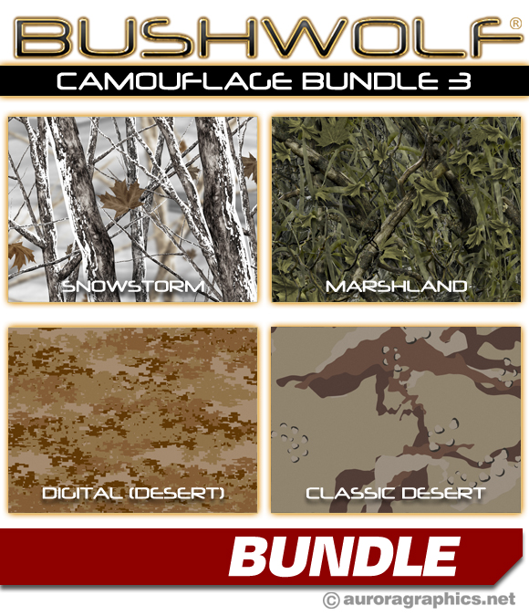 Bushwolf Camo Bundle Pack 3, Aurora Graphics makes the largest and highest resolution camouflage, camo patterns on the planet under the Bushwolf obliteration trademark. In direct competition with and Superior to companies like Kryptek, Realtree, Mossyoak, real, tree, mossy, oak. We offer many different designs such as lifestyle patterns, tactical patterns, hunting patterns, field patterns. Great for hunting any type of game such as pheasant, deer, turkey, quail, buck, Whitetail, elk, Caribou, moose, Pronghorn sheep, antelope. Camo for war, military, army, Sandstorm. Non-repeating Snowstorm, Desert, Digital Desert and Marshland camo.
