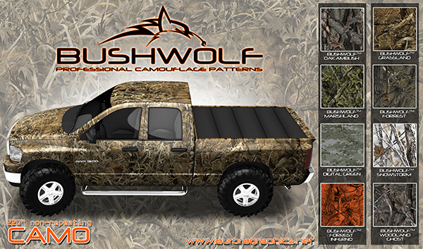 Bushwolf Camo Poster 1 - FREE Aurora Graphics has the largest camouflage patterns available on the market that are non repeating, and large enough to do any job. Our advertising posters showcase the quality and fit on various vehicles from a Dodge Ram to a Ford F-150 and even Chevy Silverado trucks. We have 8 patterns which are Snowstorm Camo, Grassland Camo, Oak Ambush Camo and Green Digital Camo, Forrest Inferno Camo, Woodland Ghost Camo, Marshland Camo and Forrest Camo.
