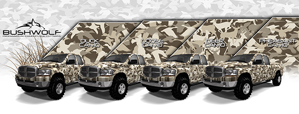 Bushwolf Silhouette Camo Poster - FREE Aurora Graphics has the largest camouflage patterns available on the market that are non repeating, and large enough to do any job. Our advertising posters showcase the quality and fit on various vehicles from a Dodge Ram to a Ford F-150 and even Chevy Silverado trucks. We have 4 patterns which are Duck Camo, Goose Camo, Deer Camo and Pheasant Camo.