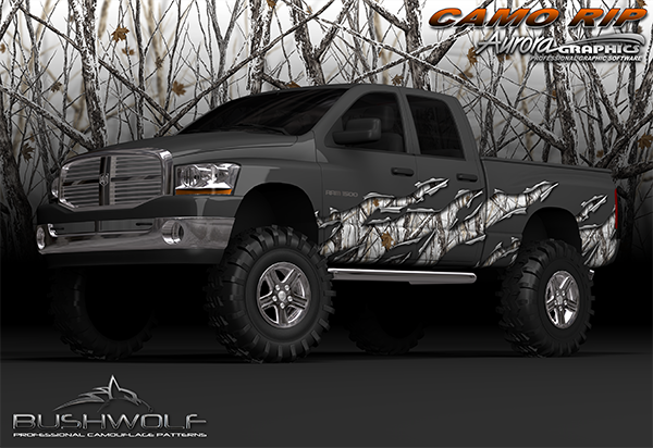 Camo Rip Poster - FREE Aurora Graphics has the largest camouflage patterns available on the market that are non repeating, and large enough to do any job. Our advertising posters showcase the quality and fit on various vehicles from a Dodge Ram to a Ford F-150 and even Chevy Silverado trucks. This Aurora Graphics downloadable camouflage truck poster allows you to print your own posters in house and apply to your shop walls and windows, or print them for clients.