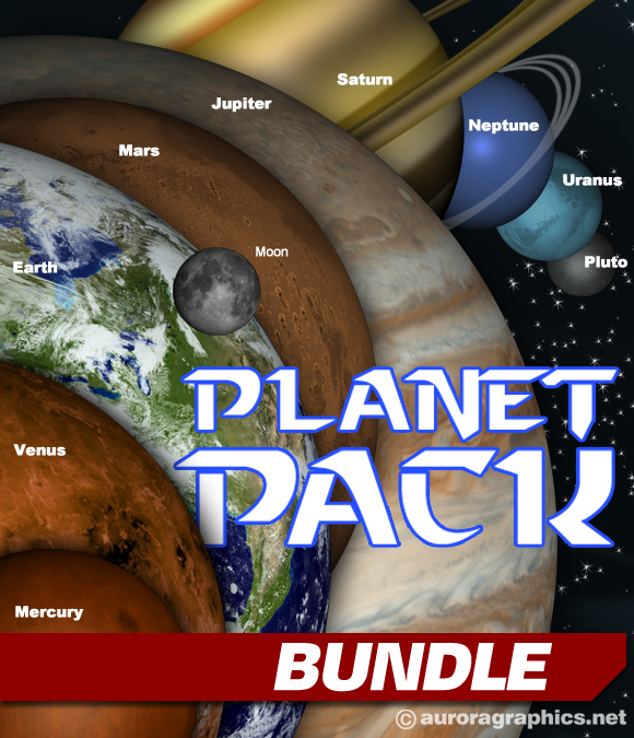 Planet Pack includes all 9 planets in the solar system, plus the moon (each image size is approx. 75" x 75" @ 72 dpi). As well as the Solar Sky Background (image size: 220" x 90"). These high res transparent .tiff images of each planet including: Mercury, Venus, Earth, Mars, Jupiter, Saturn, Neptune, Uranus, Pluto, and the moon can be dropped into any scene with incredible results!