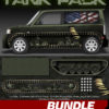 Tank Pack includes 2 different sets of tank tracks (image size: 220" x 64" and 206" x 34"), Rivets and Bullet Casings (image size: 24" x 26"), and the Tank Skin Background (260" x 98" @ 72 dpi). This design pack allows you to turn any civilian vehicle into a rolling tank with complete freedom to place each part where it fits.