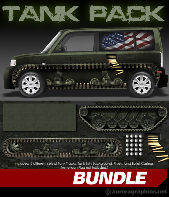 Tank Pack includes 2 different sets of tank tracks (image size: 220" x 64" and 206" x 34"), Rivets and Bullet Casings (image size: 24" x 26"), and the Tank Skin Background (260" x 98" @ 72 dpi). This design pack allows you to turn any civilian vehicle into a rolling tank with complete freedom to place each part where it fits.