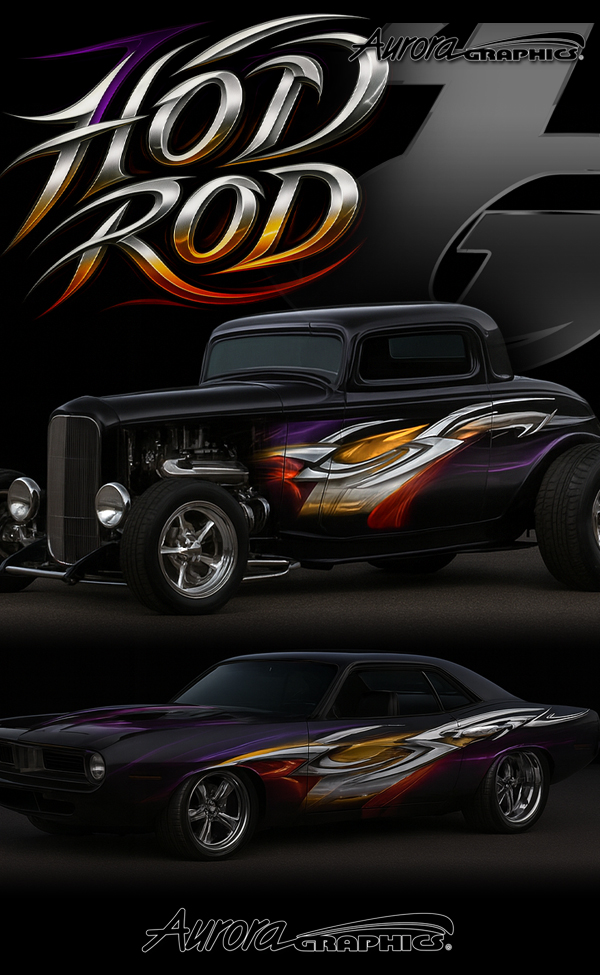 Hot Rod is a bold and energetic abstract design, perfect for full or partial vehicle wraps. This dynamic artwork features vibrant, colorful swirls that twist and flow seamlessly, creating a sense of speed and movement. Sharp lines and angles cut through the design, adding intensity and an aggressive edge, while smooth, curved light streaks weave throughout, enhancing the sleek and polished look. The combination of rich gradients and bright highlights makes this image pop with depth and dimension. High Resolution Design Graphics Image. Model T