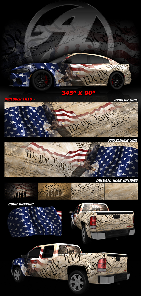 We The People features a striking and patriotic design perfect for vehicle wraps, including full coverage options for both sides, the front, back windows, and tailgates. The artwork prominently showcases a detailed American flag gracefully fading into the iconic text of the U.S. Constitution. In the foreground, a majestic bald eagle soars proudly, symbolizing freedom and strength. The design merges seamlessly, with the flag's flowing texture blending into the parchment backdrop, while the eagle's wings appear to break free from the background, creating a sense of movement and depth.