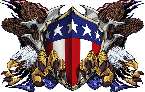 American Shield is a bold, patriotic image that captures strength, freedom, and power, provided as a Print and Cut image. At the heart of the composition is two fierce American eagles defending an American themed shield, its piercing gaze full of determination and pride. The eagle's talons are outstretched, appearing as though it is ripping through the American flag itself, which tears dynamically across the image, creating a striking sense of movement and drama. American Bald Eagle, Patriotic, Badge, Sheild. CutContour Graphics Cut Contour Image.