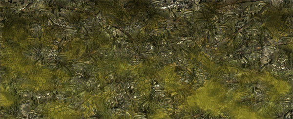 Bushwolf Bass Camo Scale Hybrid design blends natural elements such as submerged foliage and timber, creating a dynamic underwater scene. Various Walleye fish are rendered throughout the pattern, seamlessly integrated with the aquatic environment. The fish are positioned in varying orientations, their natural colors blending with the surrounding elements, making them appear as part of the underwater landscape. All of this broken up by fish scales in a dispersion pattern that gives a very unique look. The pattern combines natural realism with a subtle, organic flow, providing effective camouflage within a freshwater setting.