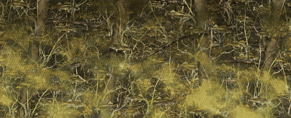 Bushwolf Walleye Camo Scale Hybrid design blends natural elements such as submerged foliage and timber, creating a dynamic underwater scene. Various Walleye fish are rendered throughout the pattern, seamlessly integrated with the aquatic environment. The fish are positioned in varying orientations, their natural colors blending with the surrounding elements, making them appear as part of the underwater landscape. All of this broken up by fish scales in a dispersion pattern that gives a very unique look. The pattern combines natural realism with a subtle, organic flow, providing effective camouflage within a freshwater setting.