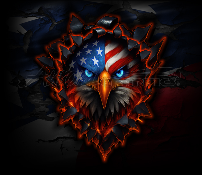Eagle Head Flag Rip is a bold and intense digital artwork that delivers a powerful patriotic punch. This design features a fierce eagle staring straight ahead, its glowing blue eyes cutting through the viewer with a sense of strength and unwavering resolve. The feathers of the eagle seamlessly blend into the American flag, with stars and stripes flowing naturally across its head to create a dramatic and symbolic fusion of freedom and force. Surrounding the eagle is a ripped, molten-metal effect, with jagged edges and fiery highlights that make the entire piece feel like it’s bursting forward with raw energy. CutContour Graphics Cut Contour Design Cut File Print/Cut Print Cut. eagle, flags, flag, America, American, American flag, ripped metal, fiery, USA flag, feathers, glowing, blue eyes, broken stone, rocks, large format, Americana artwork, freedom, stars and stripes, bald eagle emblem, molten metal, molten, fire, glow, rip effect, high-detail, transparent PNG, eps CutContour, .ai CutContour, patriotic decal art, American pride graphic, intense eagle face, USA themed artwork, red white and blue, fierce eagle illustration patriotic, red white and blue, freedom, strength, unity, resilience, dynamic, dramatic, bold, pride, movement, rippling flag, detailed feathers 3D effect, textured, realistic, symbolic, vehicle wrap, power, dominance, unstoppable energy, national pride.