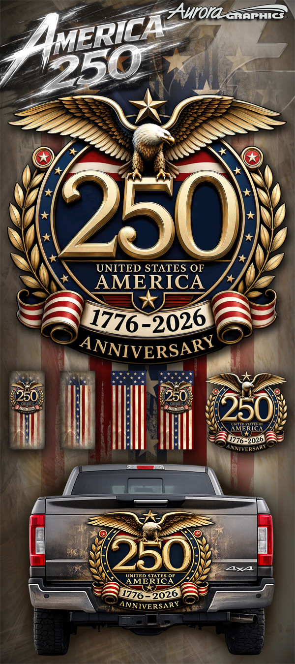 Celebrate 250 years of American history with the America 250 Collection, a premium bundle of five large-format patriotic graphic designs created to commemorate the United States Semiquincentennial Anniversary from 1776–2026. This collection combines classic American symbolism, vintage-inspired flag elements, distressed textures, and a striking anniversary emblem featuring a bald eagle, laurel wreaths, patriotic ribbons, and bold 250 anniversary artwork. Each design offers a unique variation of the theme, providing multiple options for vehicle graphics, tailgates, storefront displays, banners, event signage, commemorative promotions, and patriotic-themed projects. The collection includes standalone anniversary emblems, patriotic flag backgrounds, distressed grunge flag versions, and fully composed anniversary layouts designed to create visual impact from a distance while maintaining impressive detail up close. The centerpiece of the collection is the detailed America 250 anniversary emblem featuring a powerful eagle perched above the commemorative seal, symbolizing strength, freedom, and national pride. Combined with weathered flag textures and vintage Americana styling, these designs create a timeless patriotic appearance suitable for both traditional and modern applications. All five artwork files are produced at an impressive 180-inch width, making them ideal for large-scale projects requiring high-resolution graphics. Whether used for vehicle wraps, truck tailgates, trailers, parade displays, civic celebrations, community events, promotional materials, or patriotic merchandise, this collection delivers bold visual impact while honoring America's 250-year milestone.
